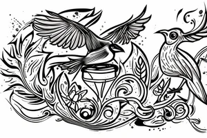 a distillation flask with fire inside and a bird trying to fly out tattoo idea