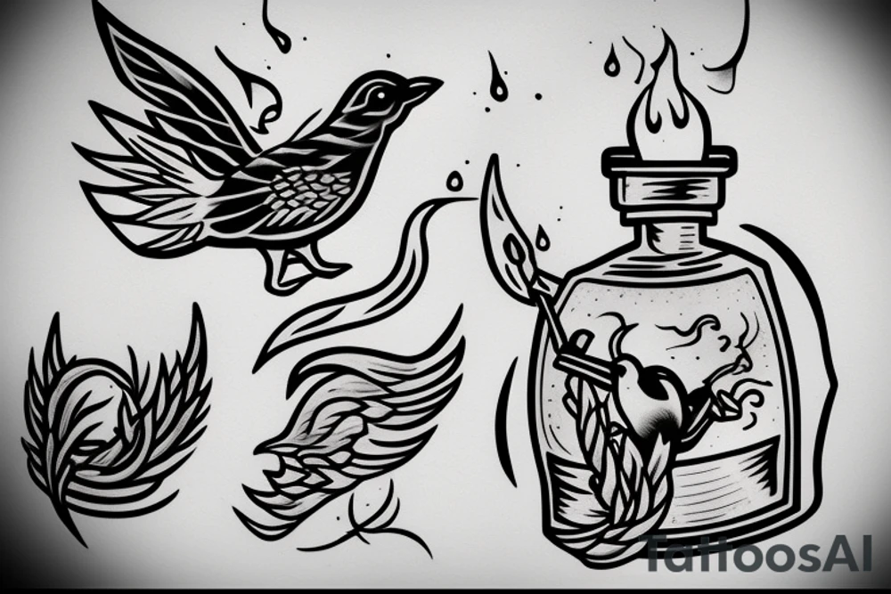 a distillation flask with fire inside and a bird trying to fly out tattoo idea