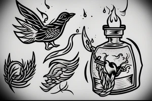 a distillation flask with fire inside and a bird trying to fly out tattoo idea