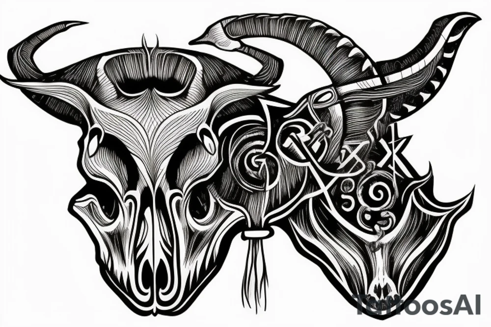 A goat skull over a pattern of alchemy symbols tattoo idea
