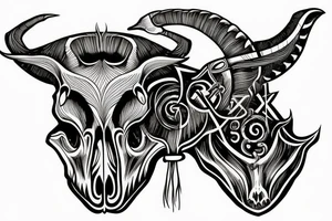 A goat skull over a pattern of alchemy symbols tattoo idea