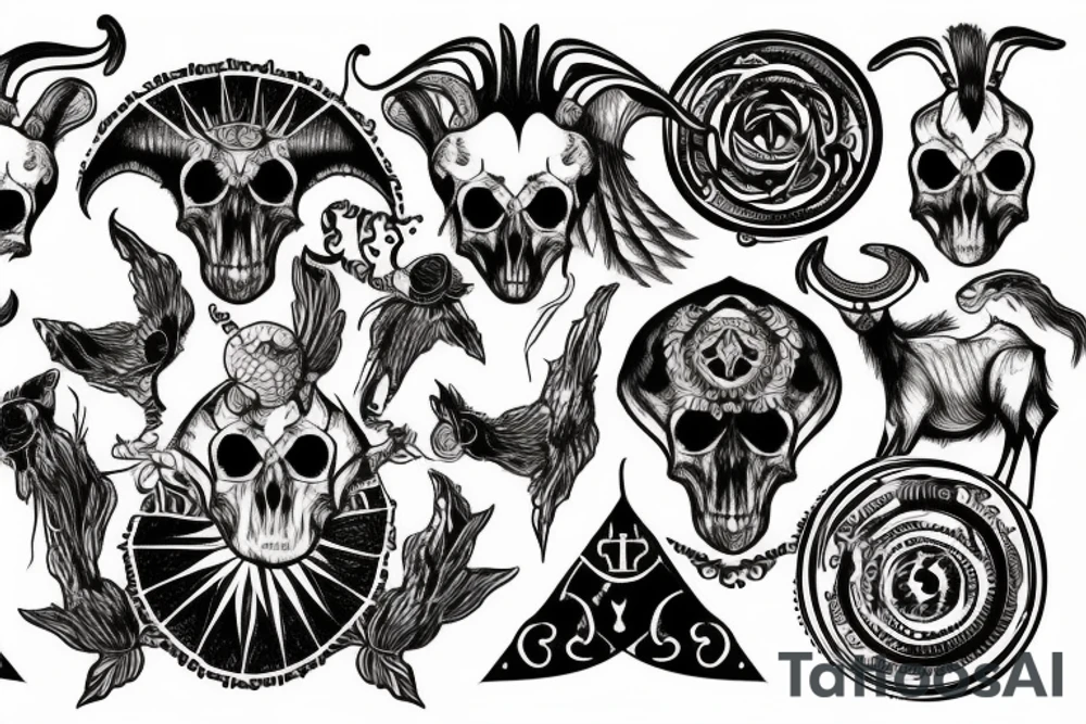 A goat skull over a pattern of alchemy symbols tattoo idea