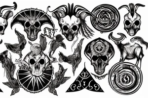 A goat skull over a pattern of alchemy symbols tattoo idea