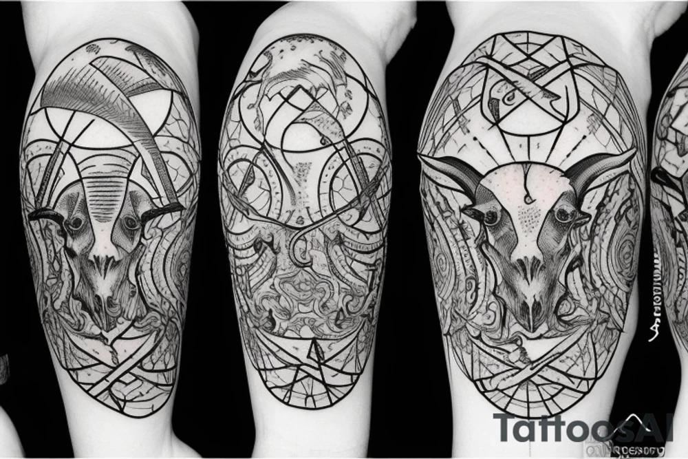 A goat skull over a pattern of alchemy symbols tattoo idea