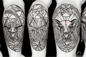 A goat skull over a pattern of alchemy symbols tattoo idea