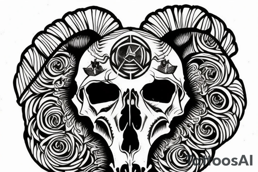 A goat skull over a pattern of alchemy symbols tattoo idea