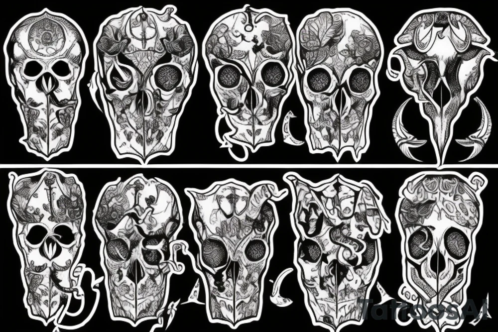 A goat skull over a pattern of alchemy symbols tattoo idea