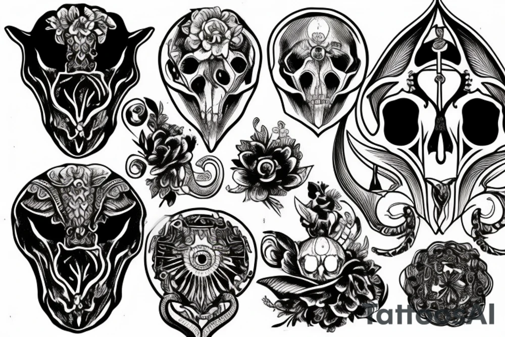 A goat skull over a pattern of alchemy symbols tattoo idea