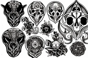 A goat skull over a pattern of alchemy symbols tattoo idea