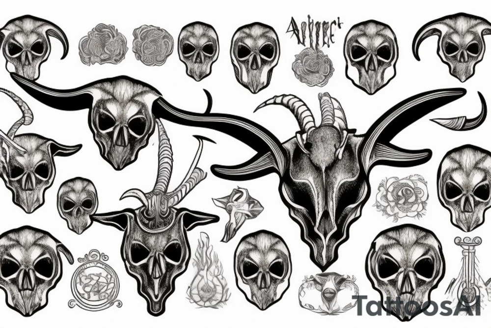 A goat skull over a pattern of alchemy symbols tattoo idea