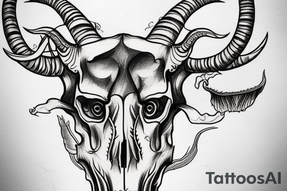 A goat skull over a pattern of alchemy symbols tattoo idea