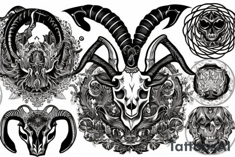 A goat skull over a pattern of alchemy symbols tattoo idea