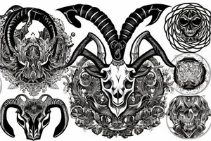 A goat skull over a pattern of alchemy symbols tattoo idea