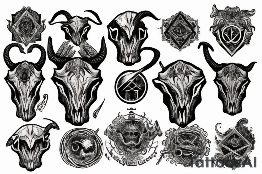 A goat skull over a pattern of alchemy symbols tattoo idea