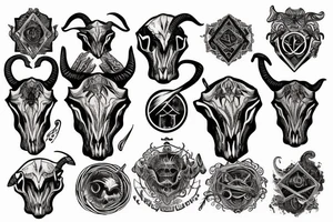 A goat skull over a pattern of alchemy symbols tattoo idea