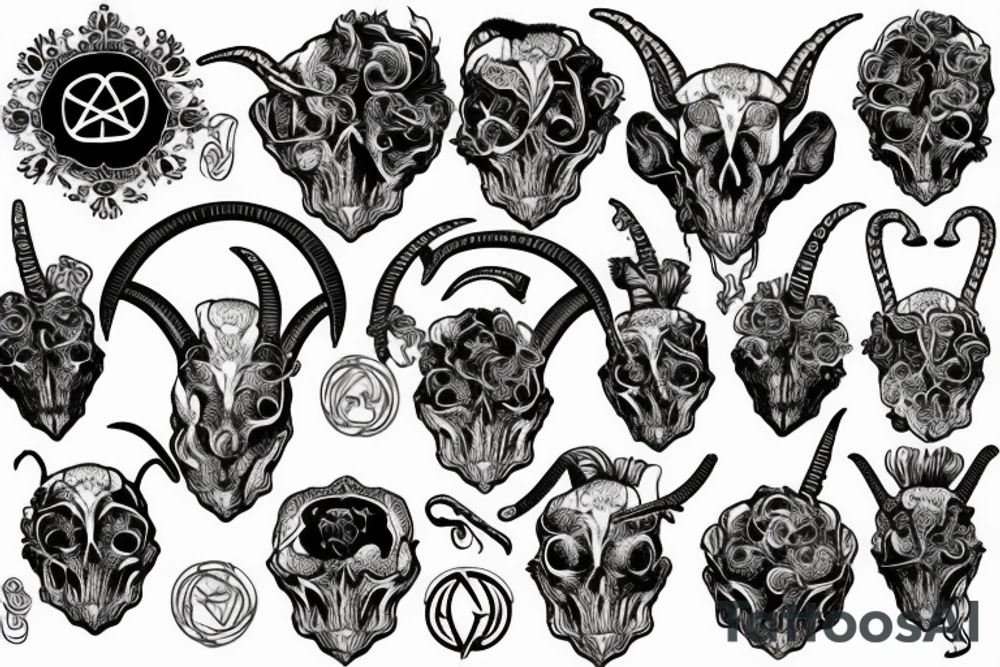 A goat skull over a pattern of alchemy symbols tattoo idea