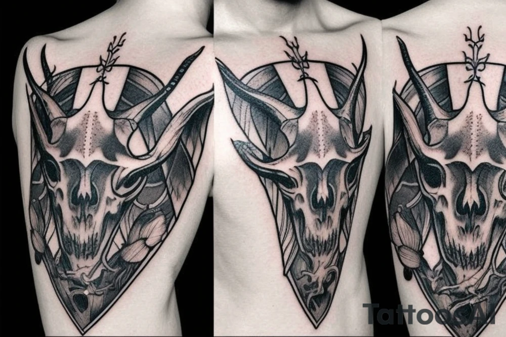 A goat skull over a pattern of alchemy symbols tattoo idea