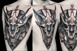 A goat skull over a pattern of alchemy symbols tattoo idea