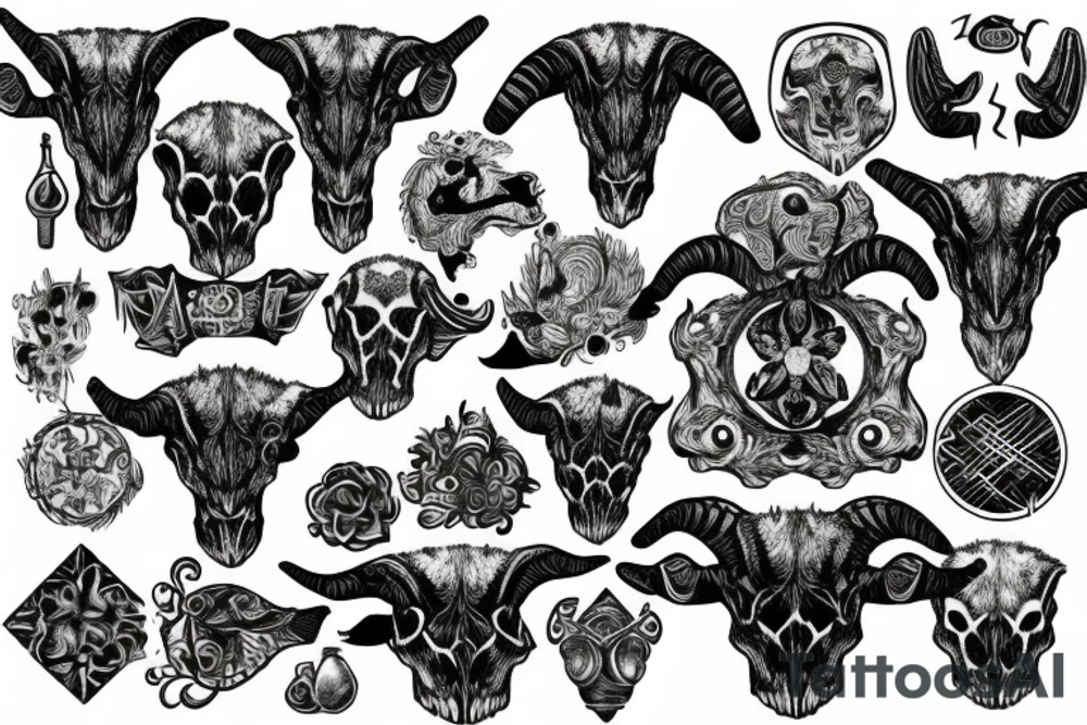 A goat skull over a pattern of alchemy symbols tattoo idea
