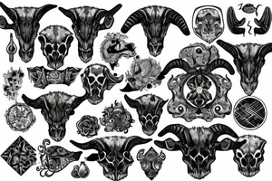 A goat skull over a pattern of alchemy symbols tattoo idea