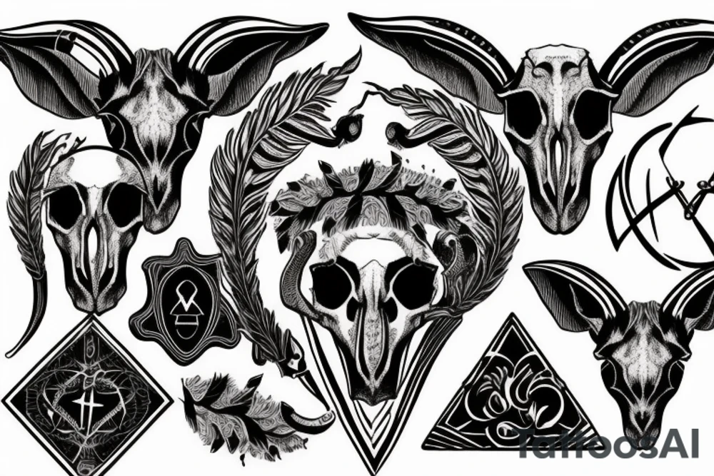 A goat skull over a pattern of alchemy symbols tattoo idea A goat skull over a pattern of alchemy symbols tattoo idea