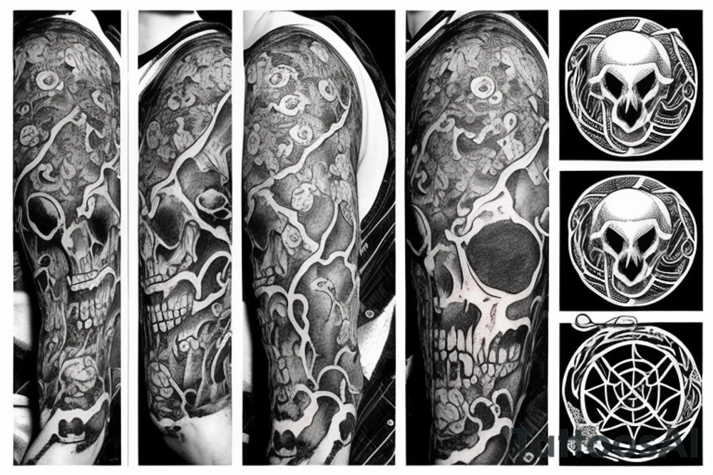 A goat skull over a pattern of alchemy symbols tattoo idea