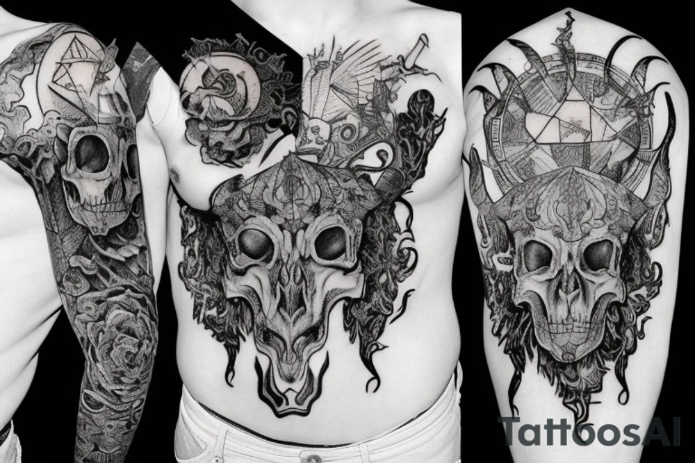 A goat skull over a pattern of alchemy symbols tattoo idea