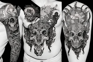 A goat skull over a pattern of alchemy symbols tattoo idea