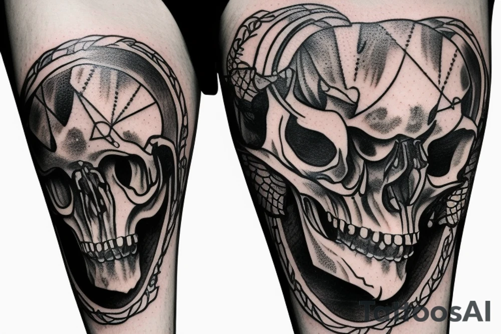 A goat skull over a pattern of alchemy symbols tattoo idea