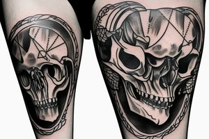 A goat skull over a pattern of alchemy symbols tattoo idea