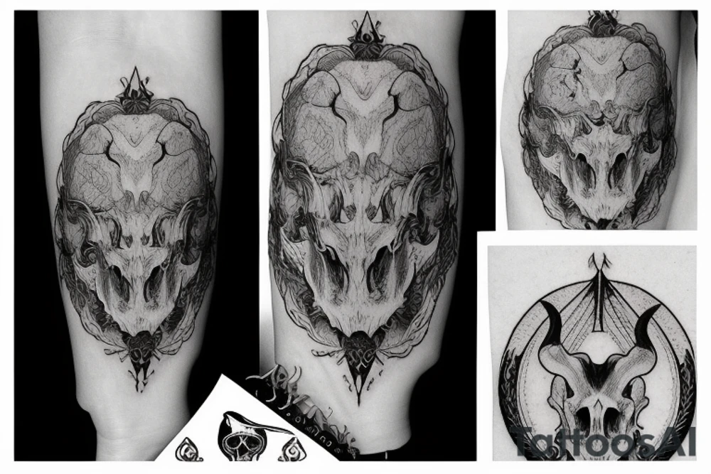 A goat skull over a pattern of alchemy symbols tattoo idea