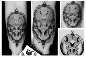 A goat skull over a pattern of alchemy symbols tattoo idea