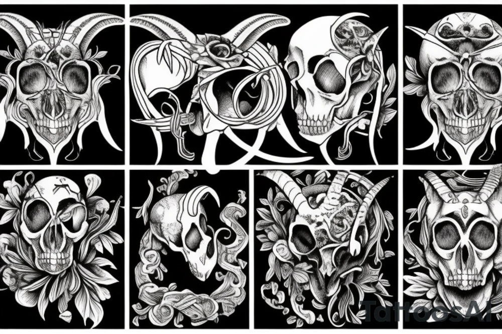 A goat skull over a pattern of alchemy symbols tattoo idea A goat skull over a pattern of alchemy symbols tattoo idea