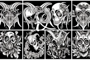 A goat skull over a pattern of alchemy symbols tattoo idea