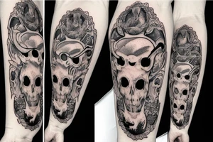 A goat skull over a pattern of alchemy symbols tattoo idea