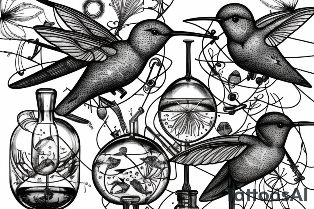 Humming birds drinking out of a intricate and complex chemistry glassware apparatus tattoo idea