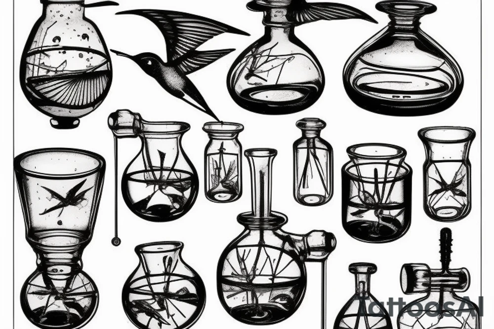 Humming birds drinking out of a intricate and complex chemistry glassware apparatus tattoo idea