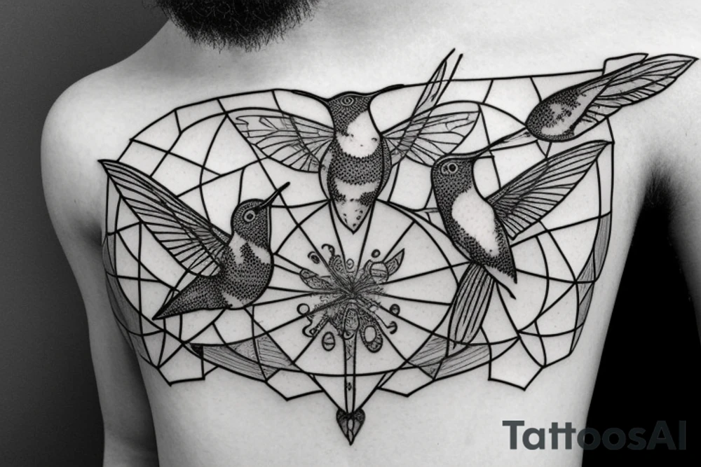 Humming birds drinking out of a intricate and complex chemistry glassware apparatus tattoo idea