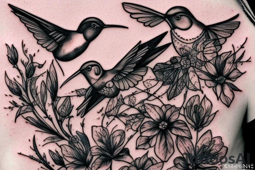 Humming birds drinking out of a intricate and complex chemistry glassware apparatus tattoo idea