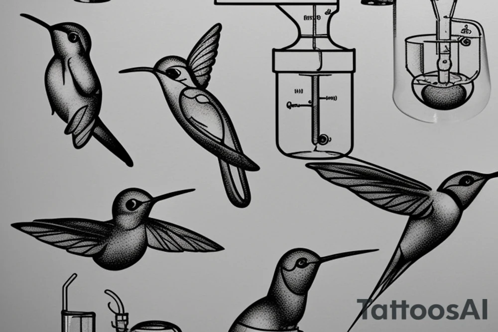 Humming birds drinking out of chemistry glassware apparatus tattoo idea