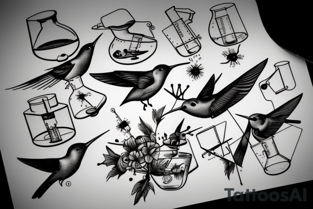 Humming birds drinking out of chemistry glassware apparatus tattoo idea