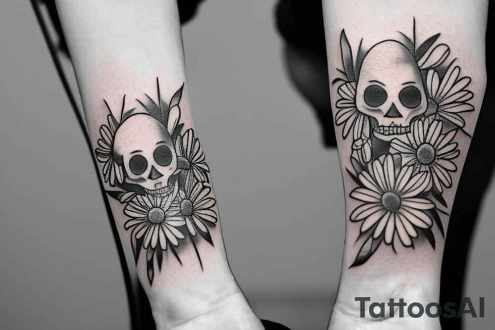 Cowboy skeleton sitting cross legged, resting chin in one hand looking at a daisy in other hand tattoo idea