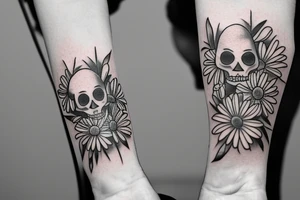 Cowboy skeleton sitting cross legged, resting chin in one hand looking at a daisy in other hand tattoo idea
