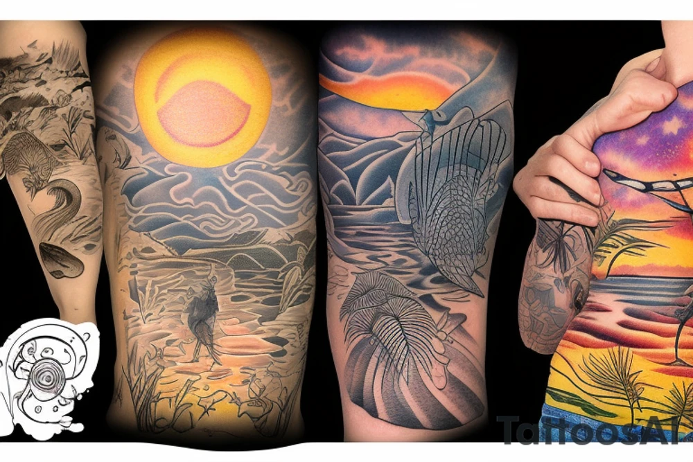 Australian river with a sunset left arm sleeve tattoo idea