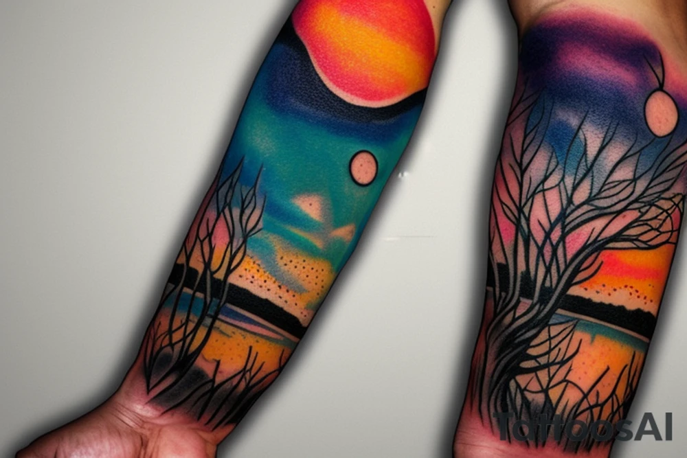 Australian river with a sunset left arm sleeve tattoo idea