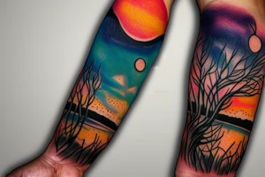 Australian river with a sunset left arm sleeve tattoo idea