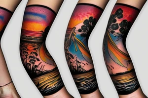 Australian river with a sunset left arm sleeve tattoo idea