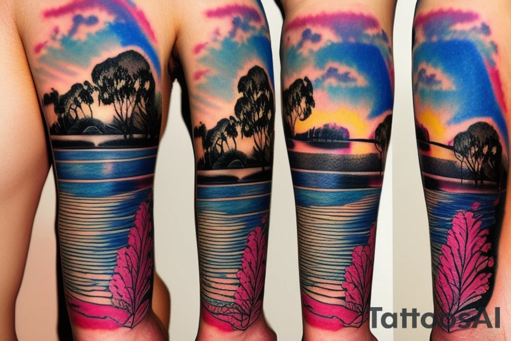 Australian river with a sunset left arm sleeve tattoo idea