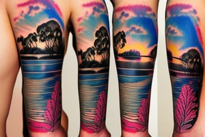 Australian river with a sunset left arm sleeve tattoo idea