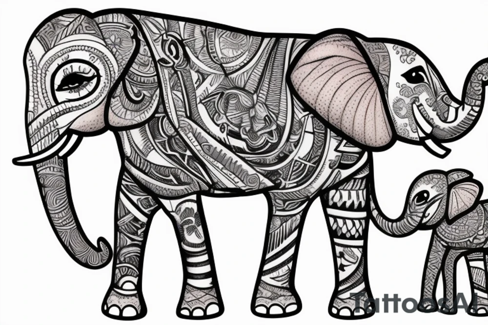 elephant  male and famele with his family in the water tattoo idea